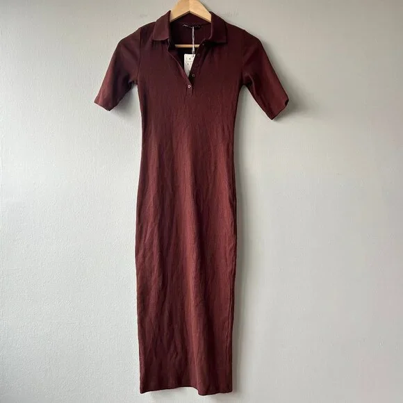 Zara Ribbed Polo Midi Dress Burgundy Brown Size S NWT - Picture 2 of 7